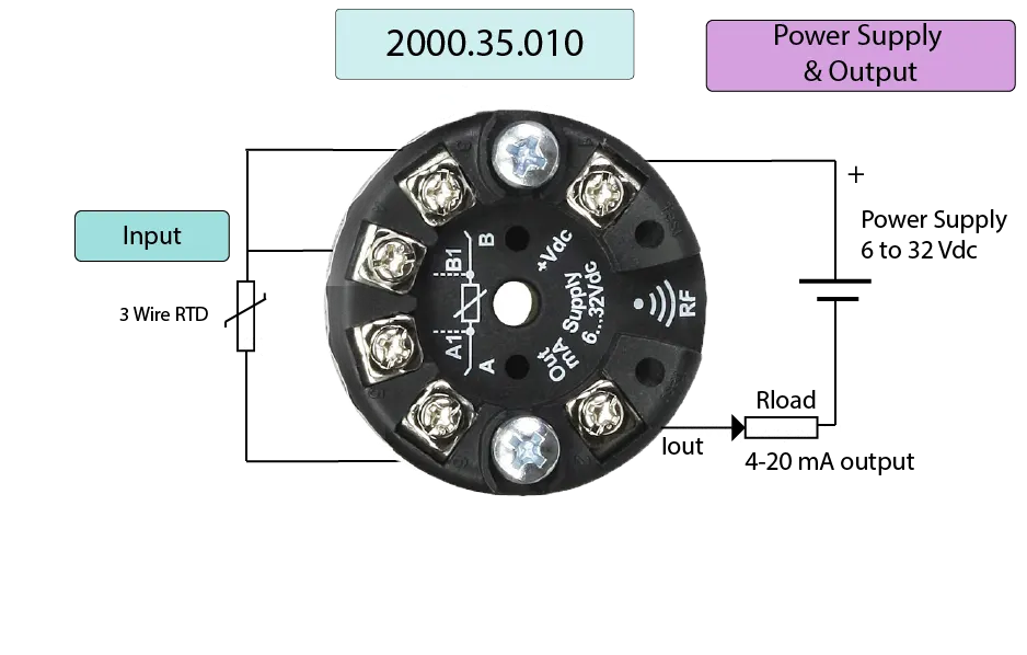 Head mount 3 Wire RTD data logger wiring diagram